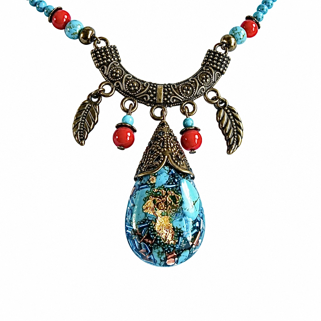 Collier orgonite goutte décor Tibet turquoise
