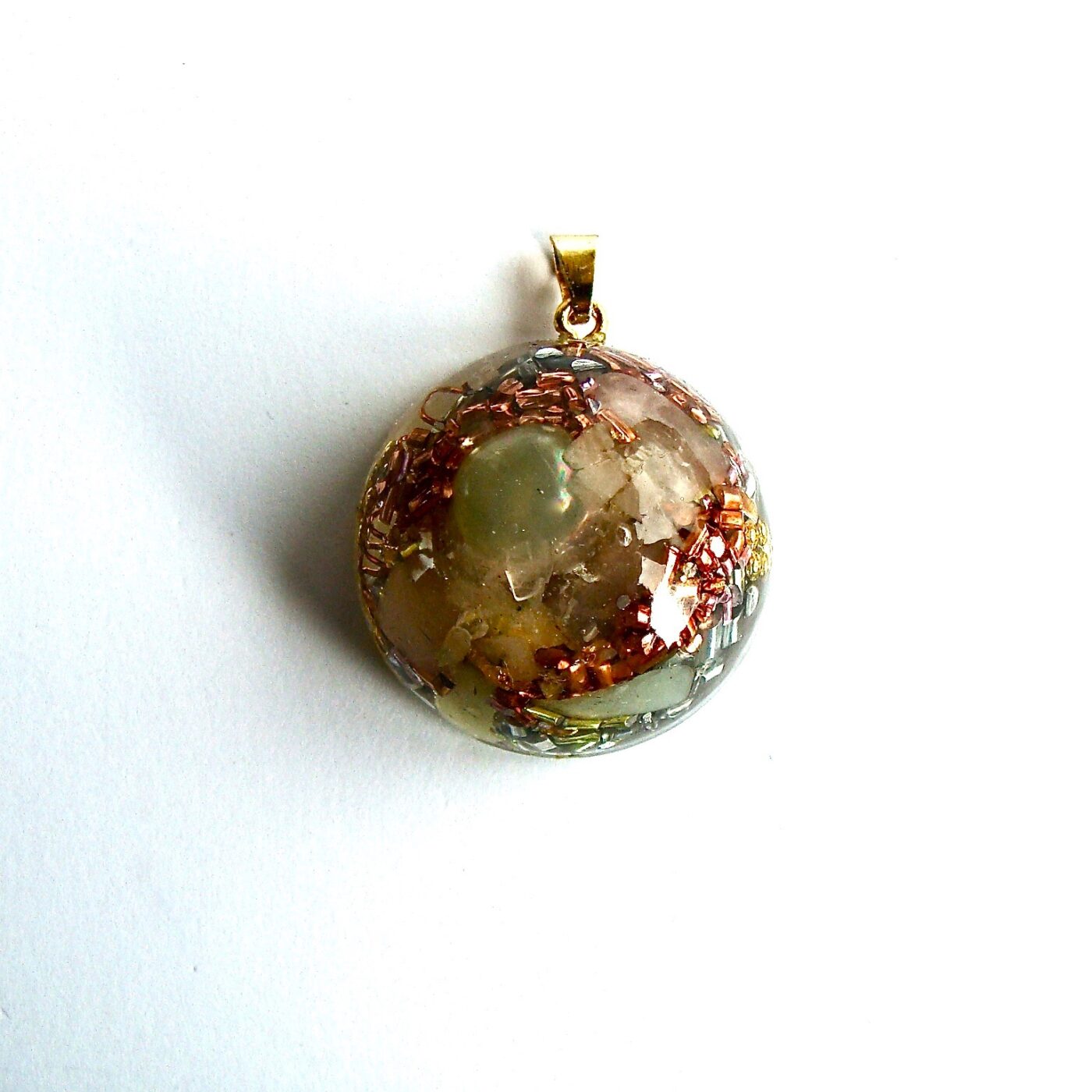 Pendentif orgonite demi-sphère jade quartz rose