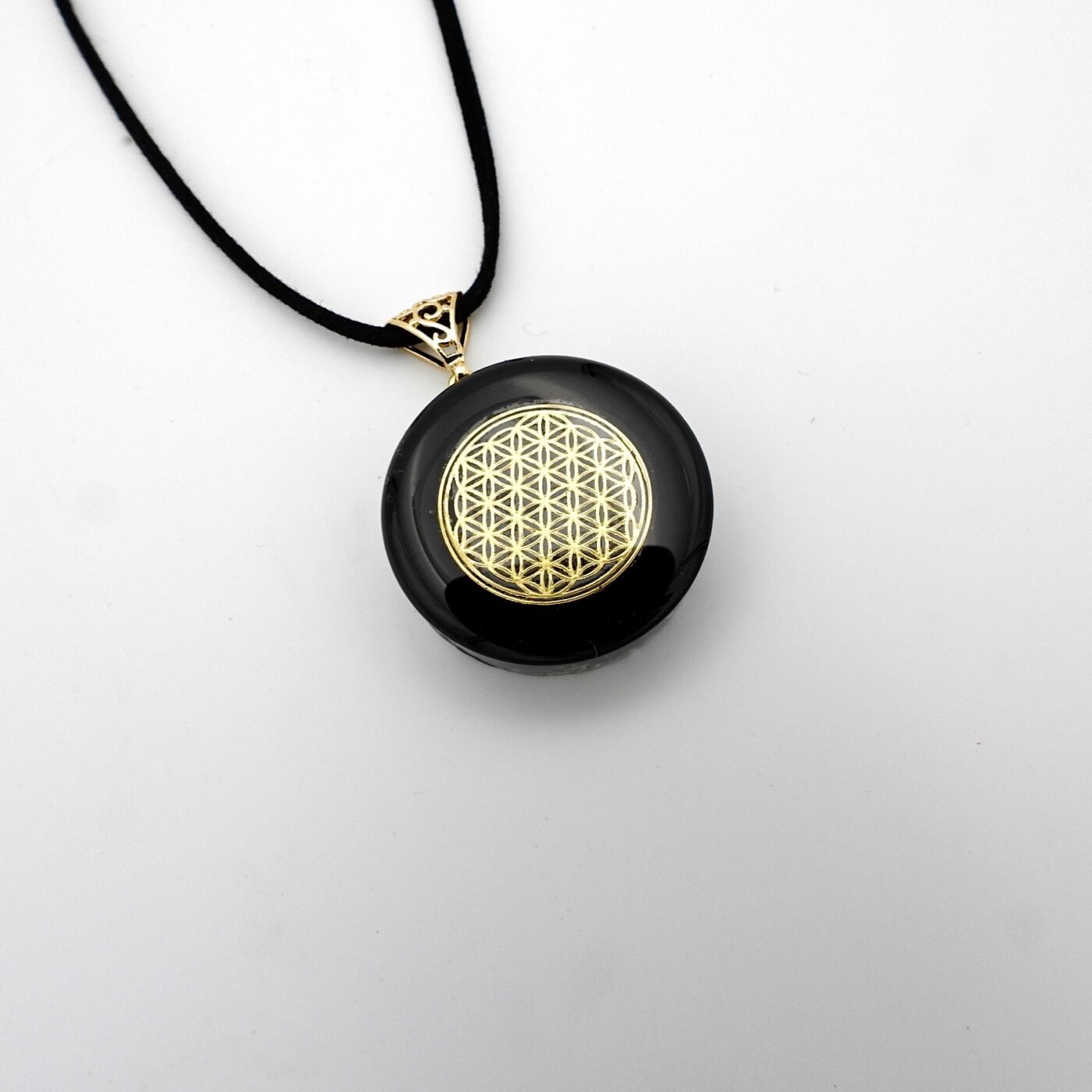 Pendentif orgonite rond shungite fleur de vie réversible