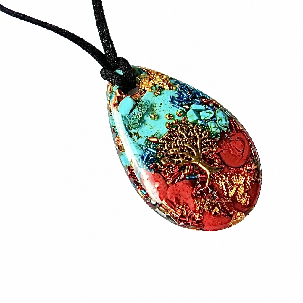 Pendentif orgonite galet goutte Tibet arbre