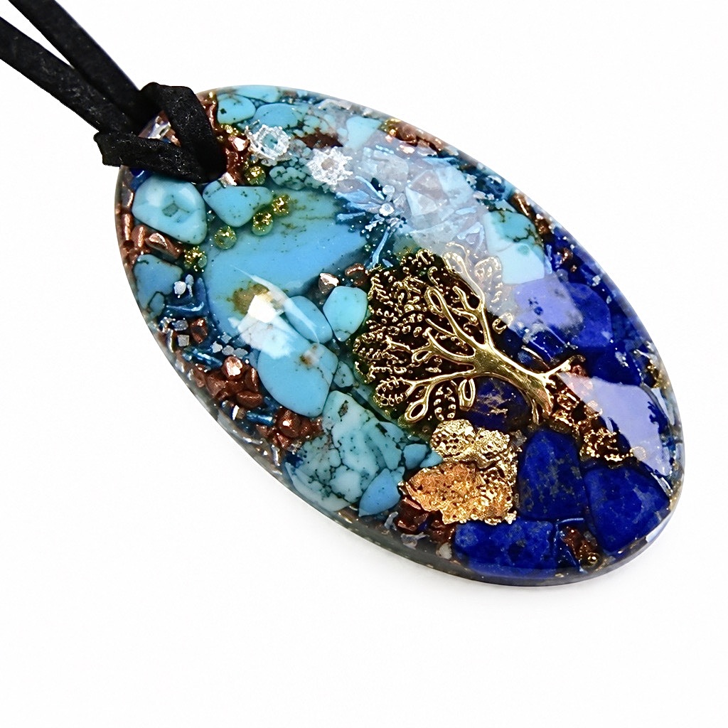 Pendentif orgonite galet ovale turquoise lapis-lazuli arbre