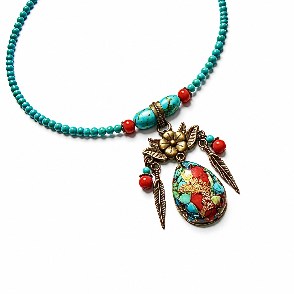 Collier orgonite décor floral Tibet turquoises
