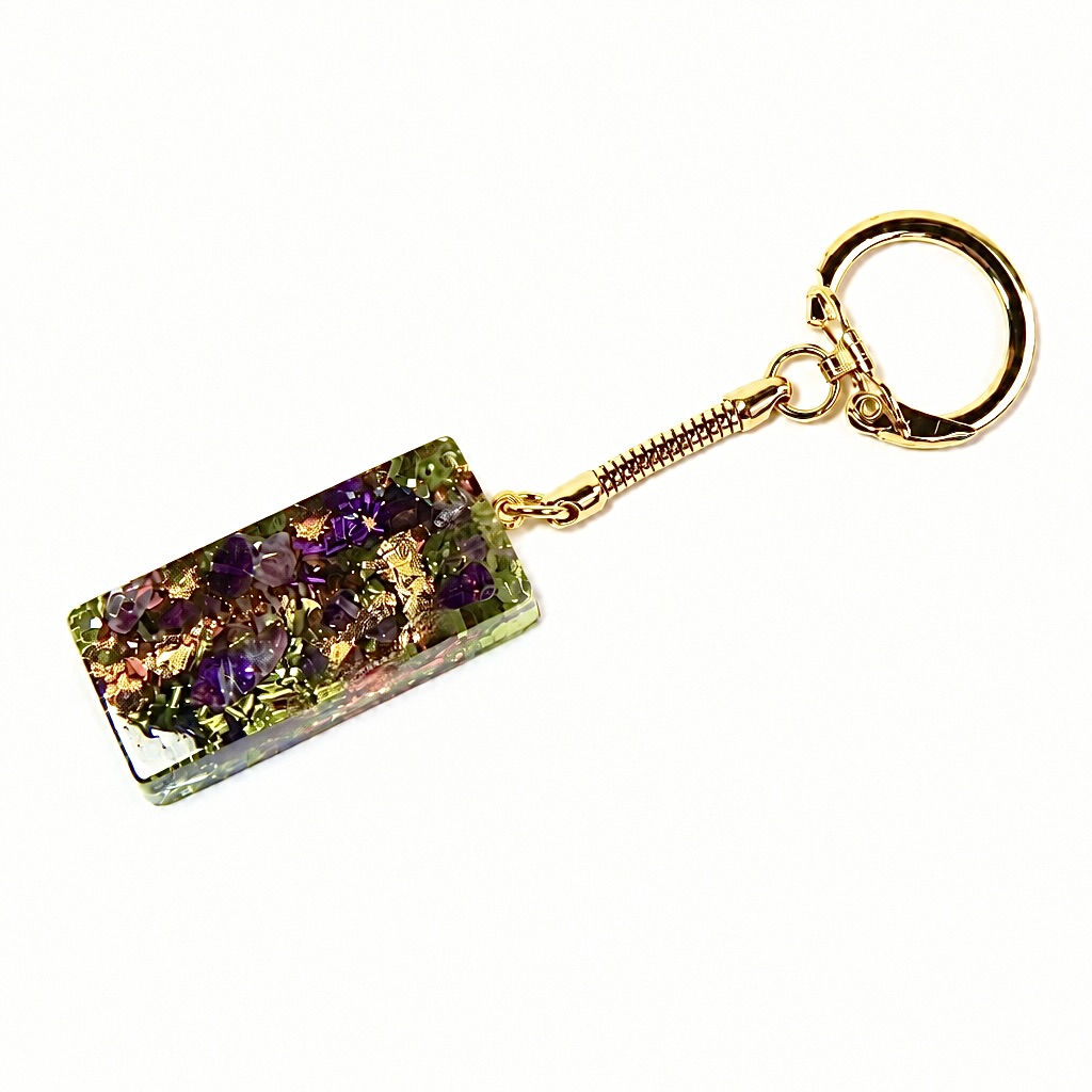 Porte-clés orgonite rectangle améthyste péridot