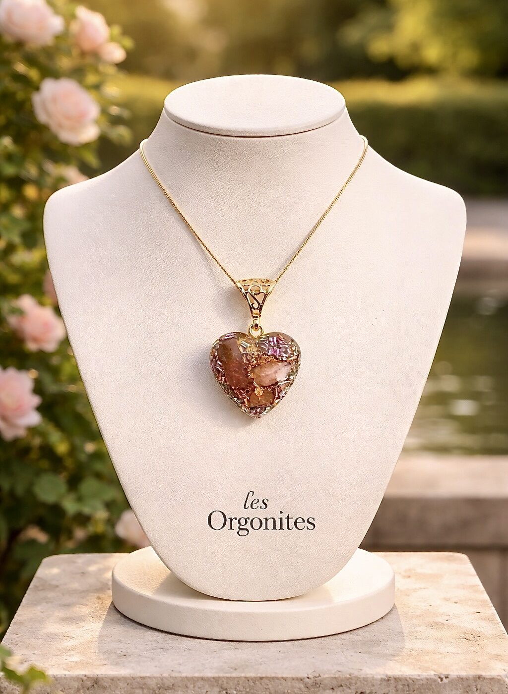 Pendentif orgonite coeur new rhodocrosite