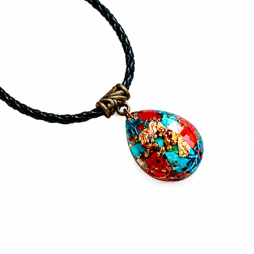 Pendentif orgonite goutte Tibet cuir bronze