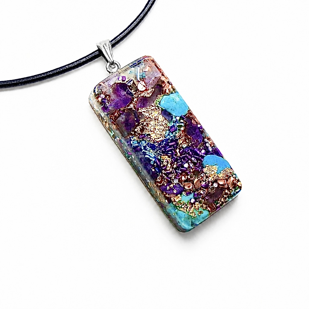 Pendentif orgonite rectangle turquoise améthyste