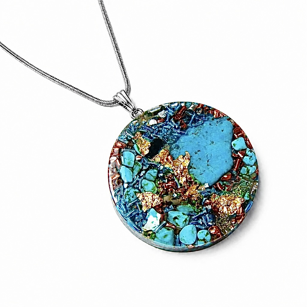 Pendentif orgonite rond turquoise
