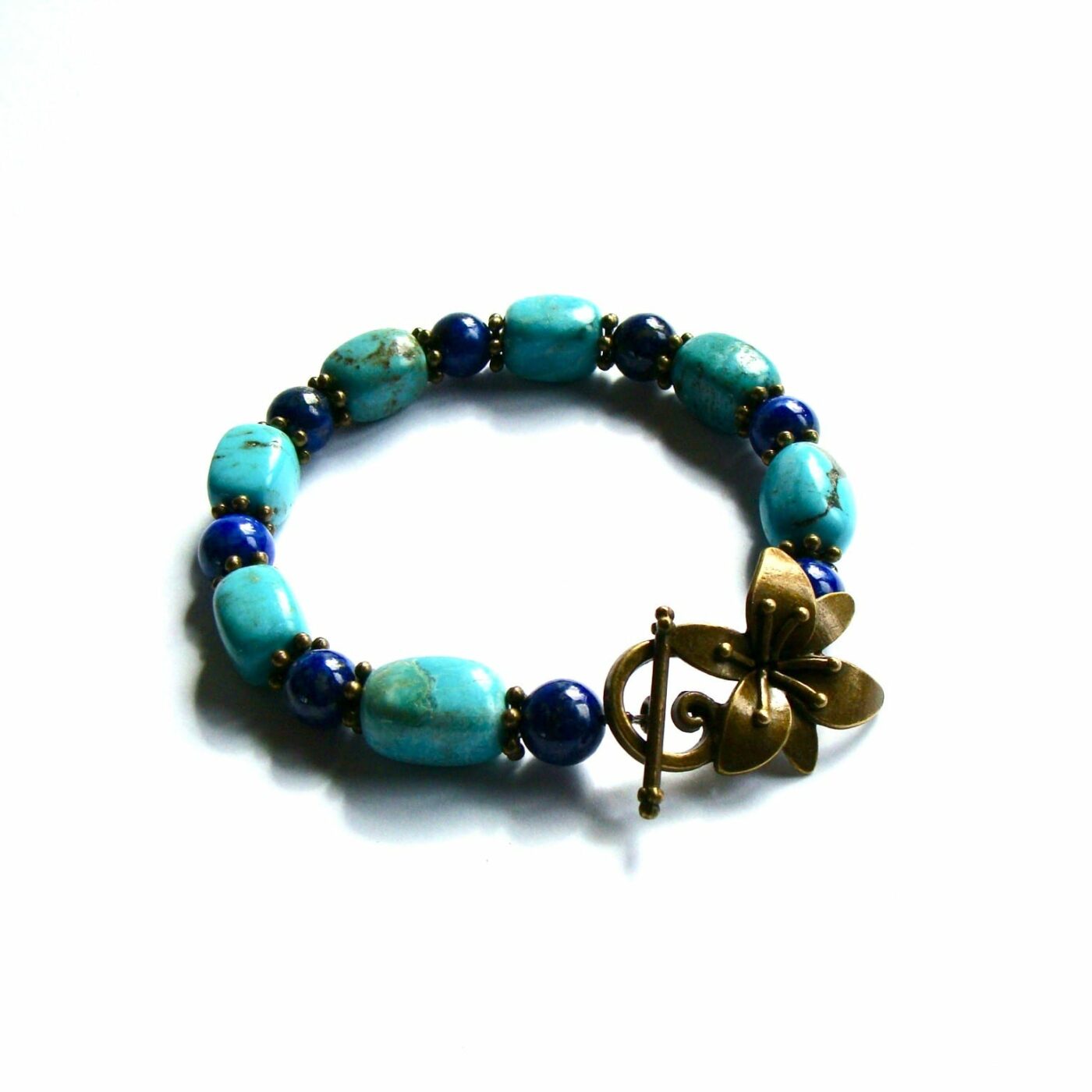 Bracelet fleur Tibet turquoise lapis-lazuli