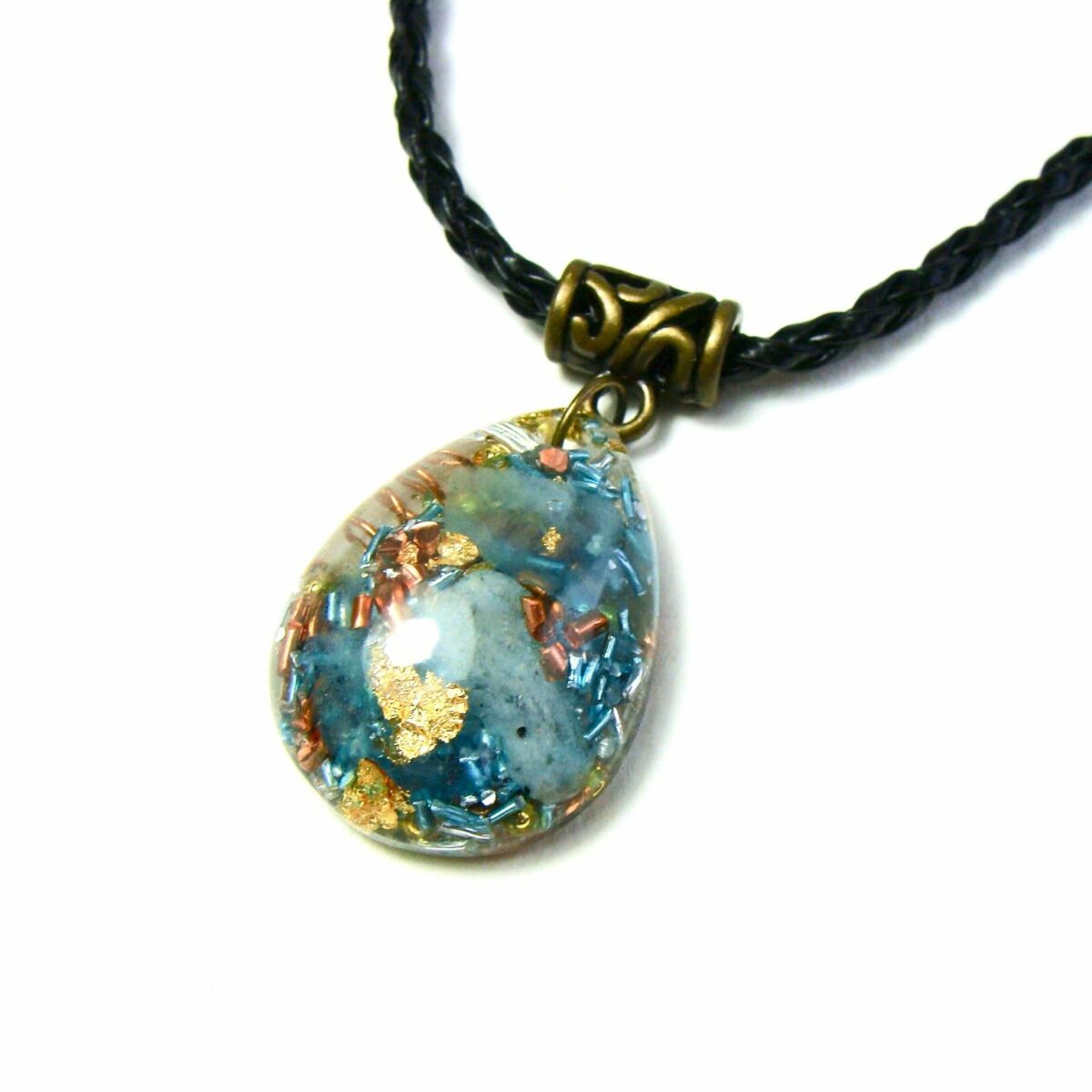 Pendentif orgonite goutte aigue-marine cuir bronze