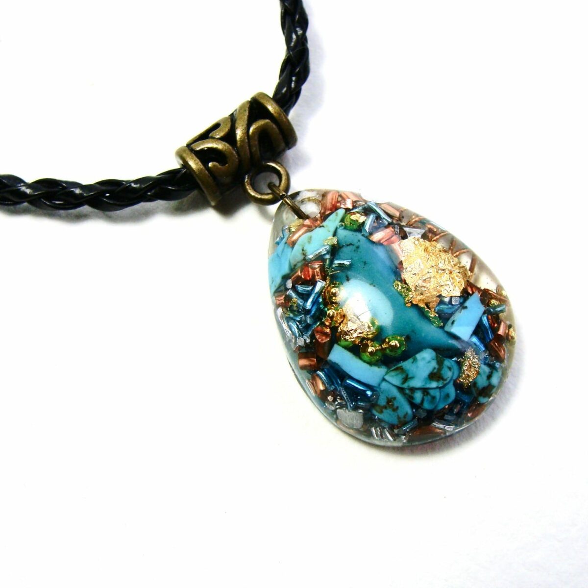 Pendentif orgonite goutte turquoise cuir bronze