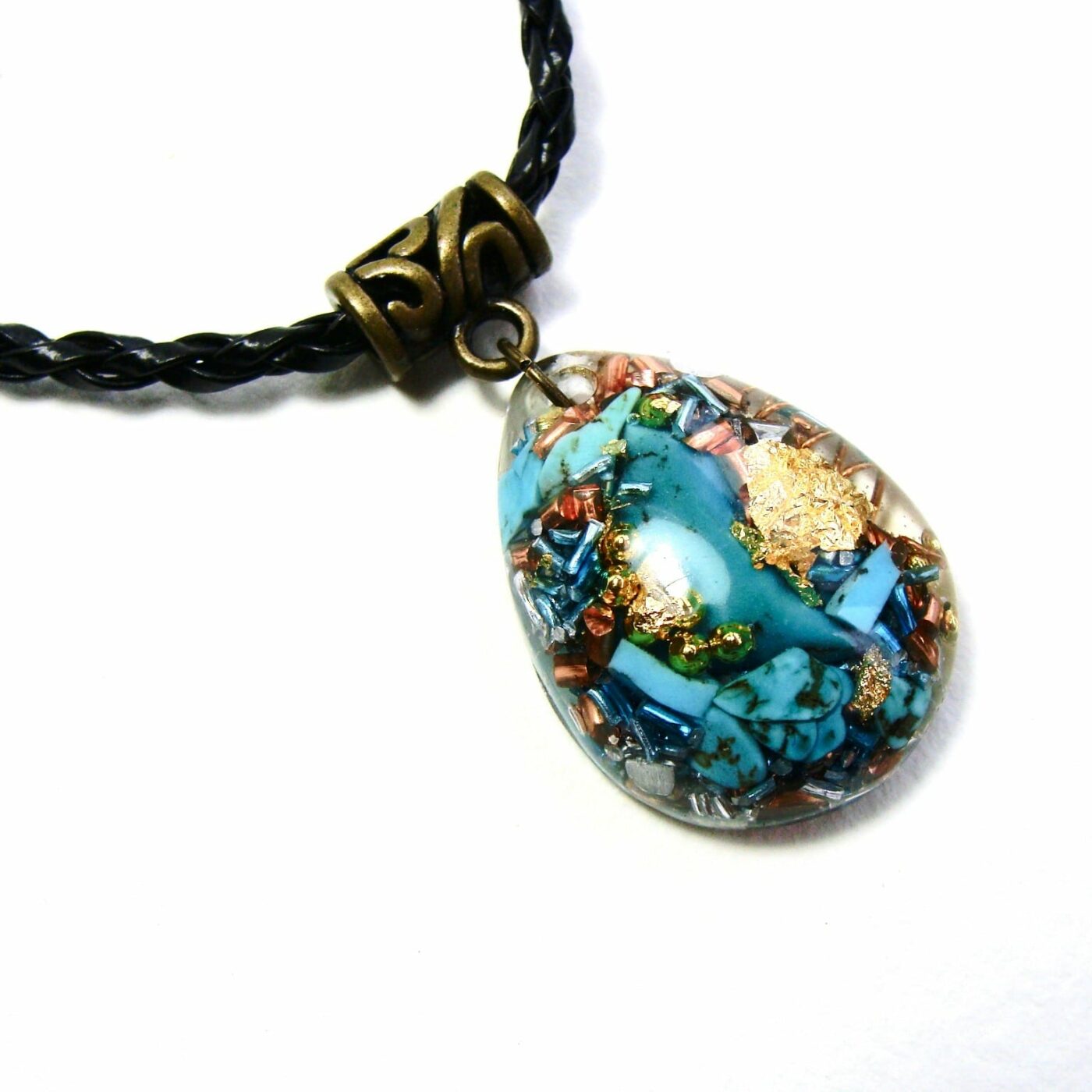 Pendentif orgonite goutte turquoise cuir bronze