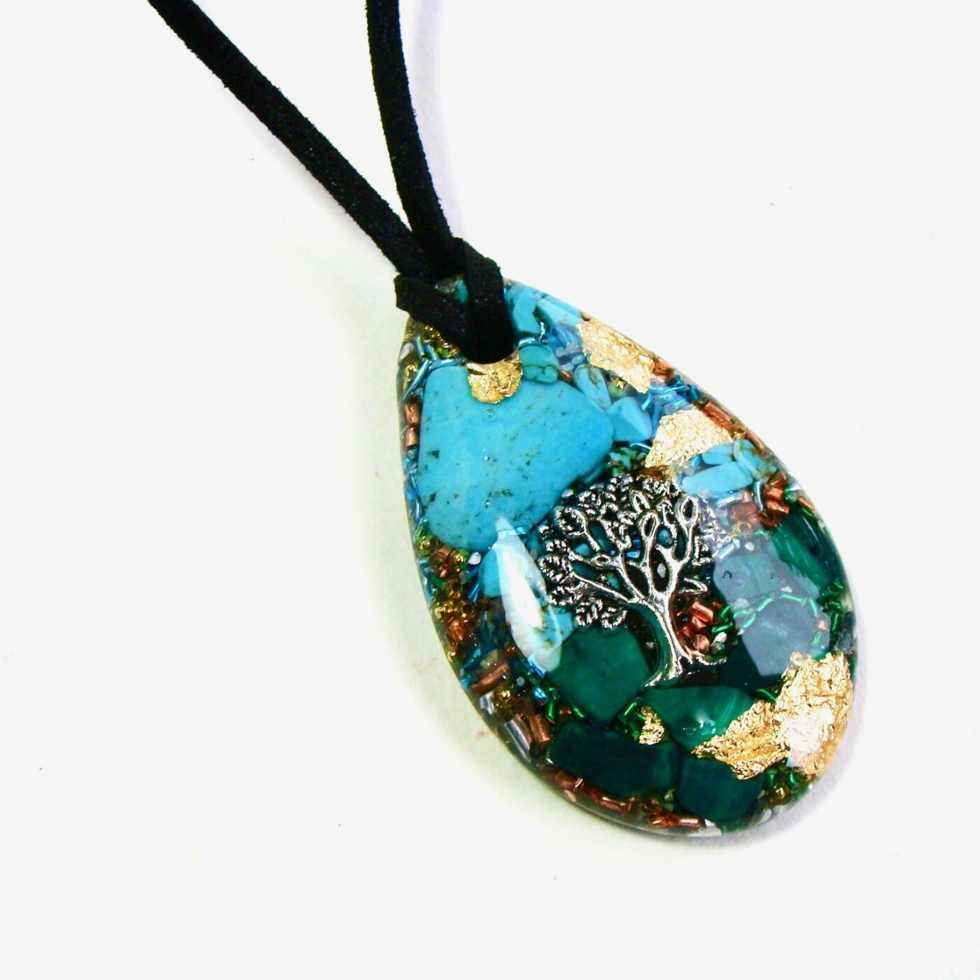 Pendentif orgonite galet goutte turquoise malachite arbre