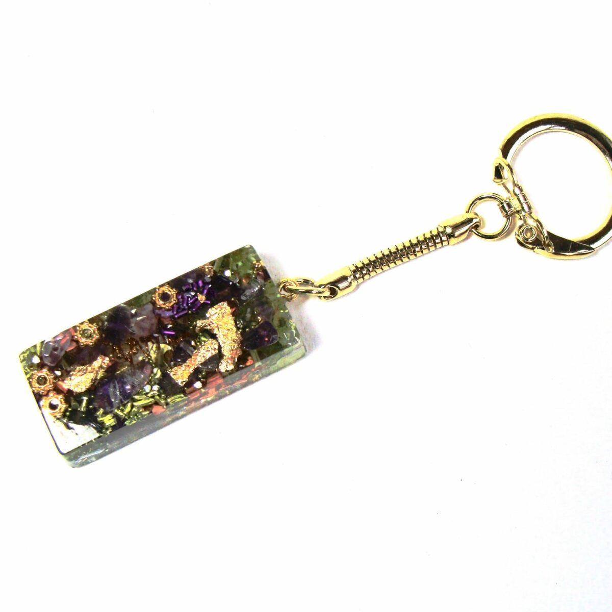 Porte-clés orgonite rectangle améthyste péridot