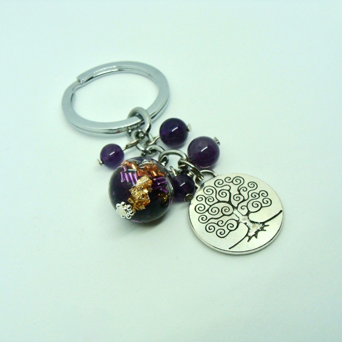 Porte clefs sphère orgonite améthyste arbre de vie