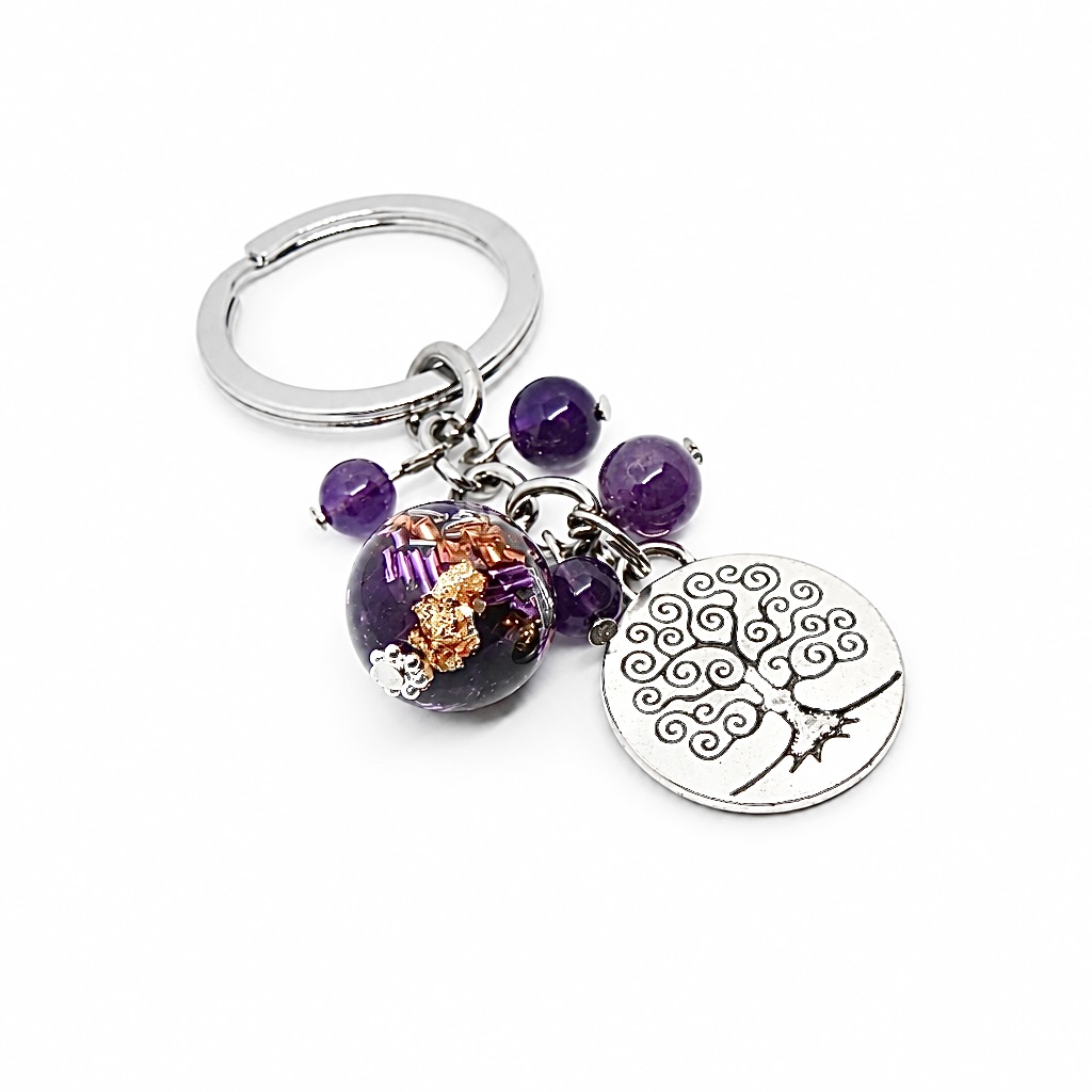 Porte clefs sphère orgonite améthyste arbre de vie