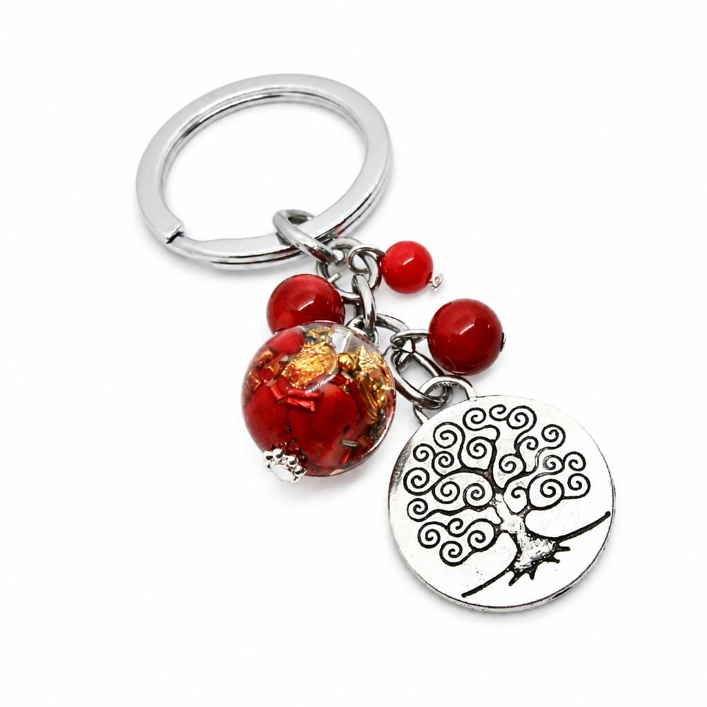 Porte clefs orgonite sphère corail arbre de vie
