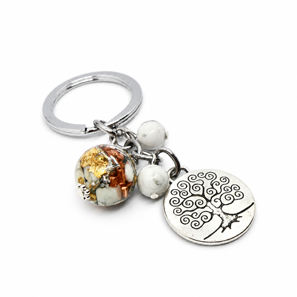 Porte clefs orgonite sphère howlite arbre de vie