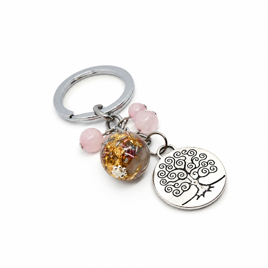 Porte clefs orgonite sphère quartz rose arbre de vie