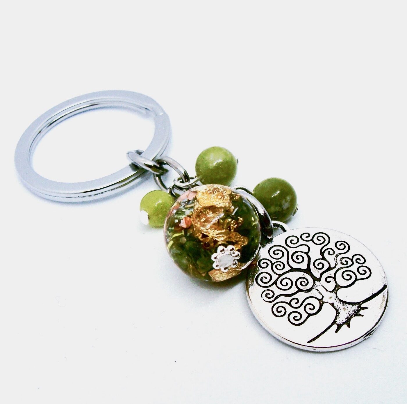 Porte clefs orgonite sphère péridot arbre de vie