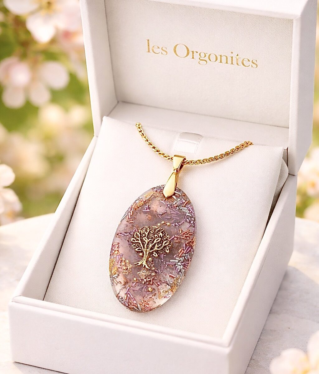 Pendentif orgonite galet ovale quartz rose