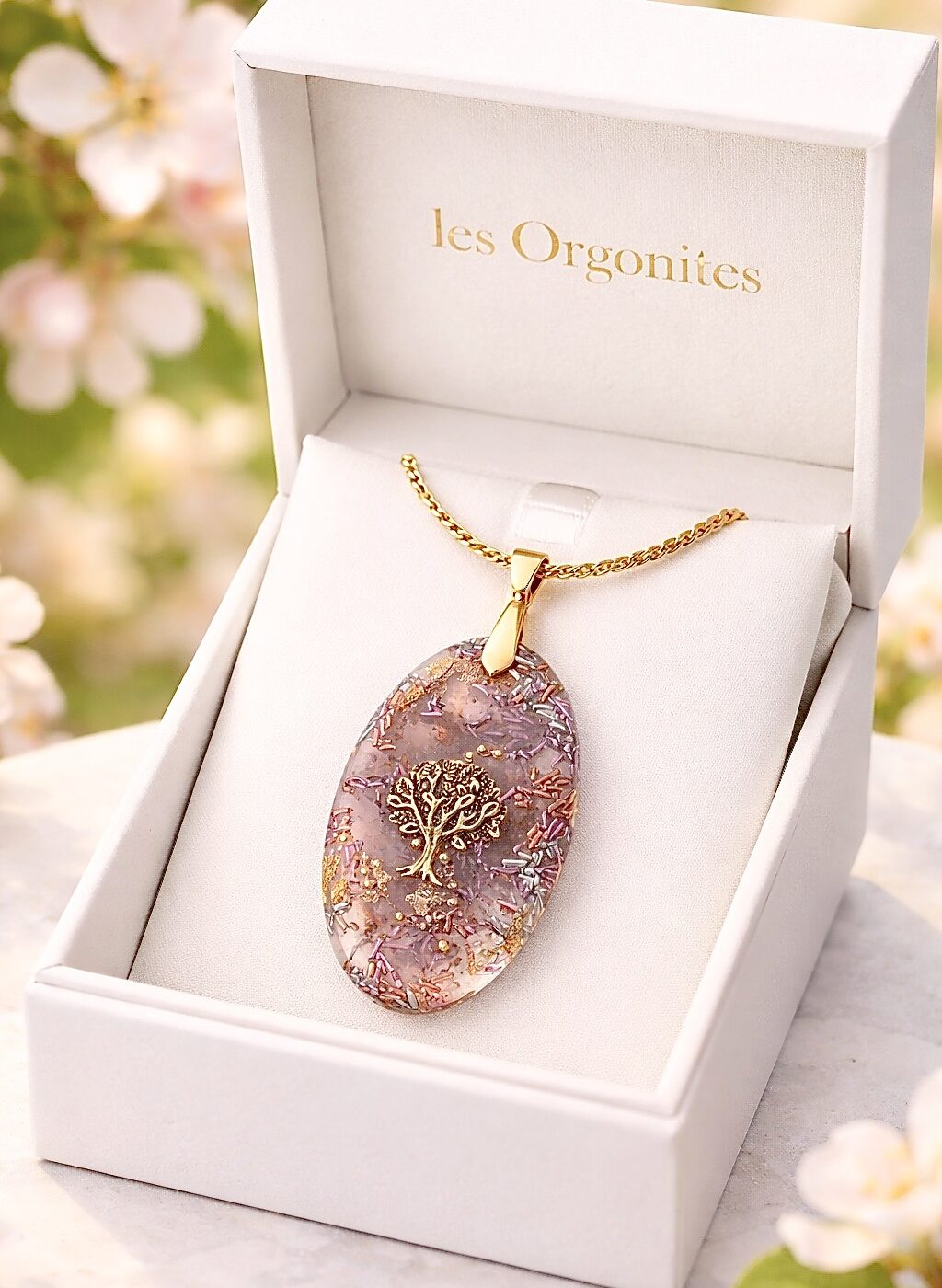 Pendentif orgonite galet ovale quartz rose