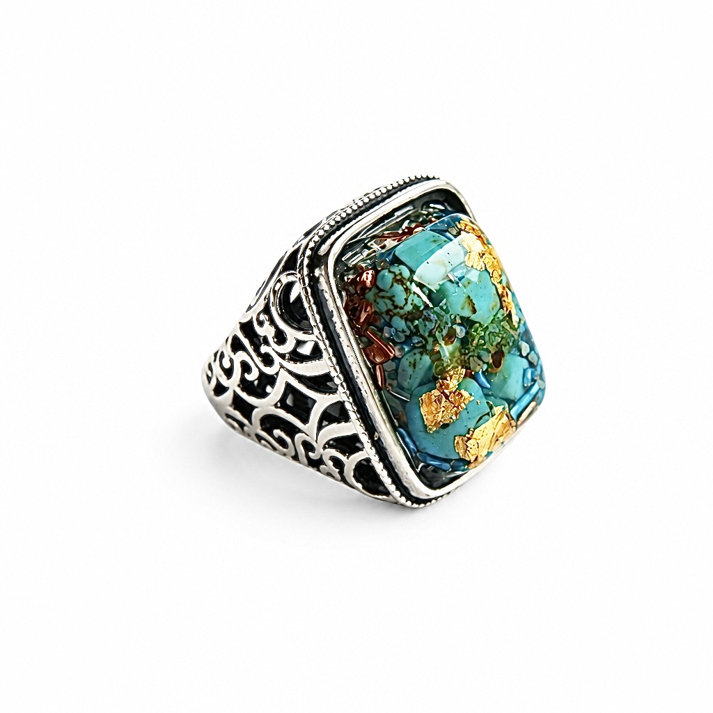 Bague orgonite homme rectangle turquoise argent 925