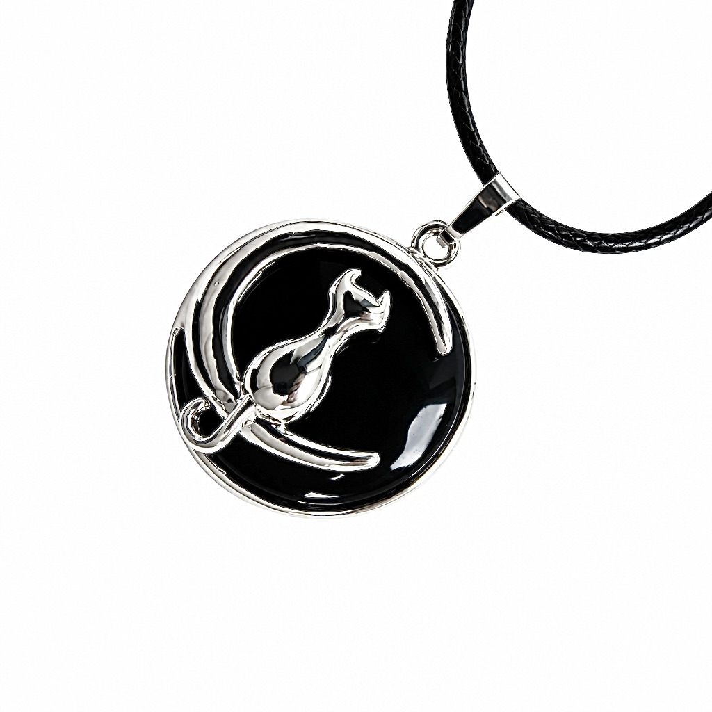 Pendentif rond chat lune sur pierres naturelles