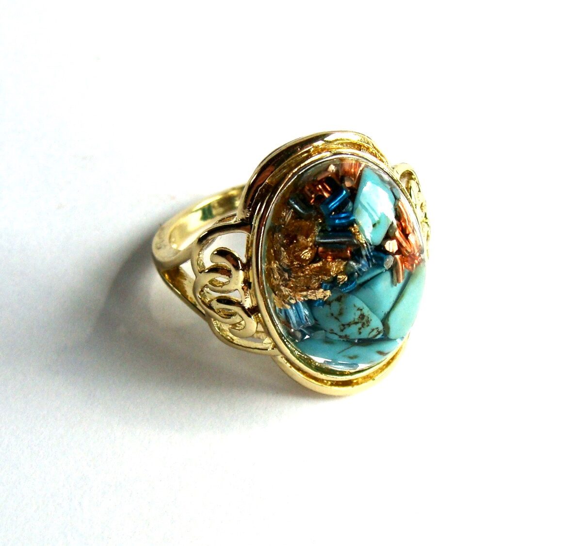 Bague orgonite turquoise laiton doré