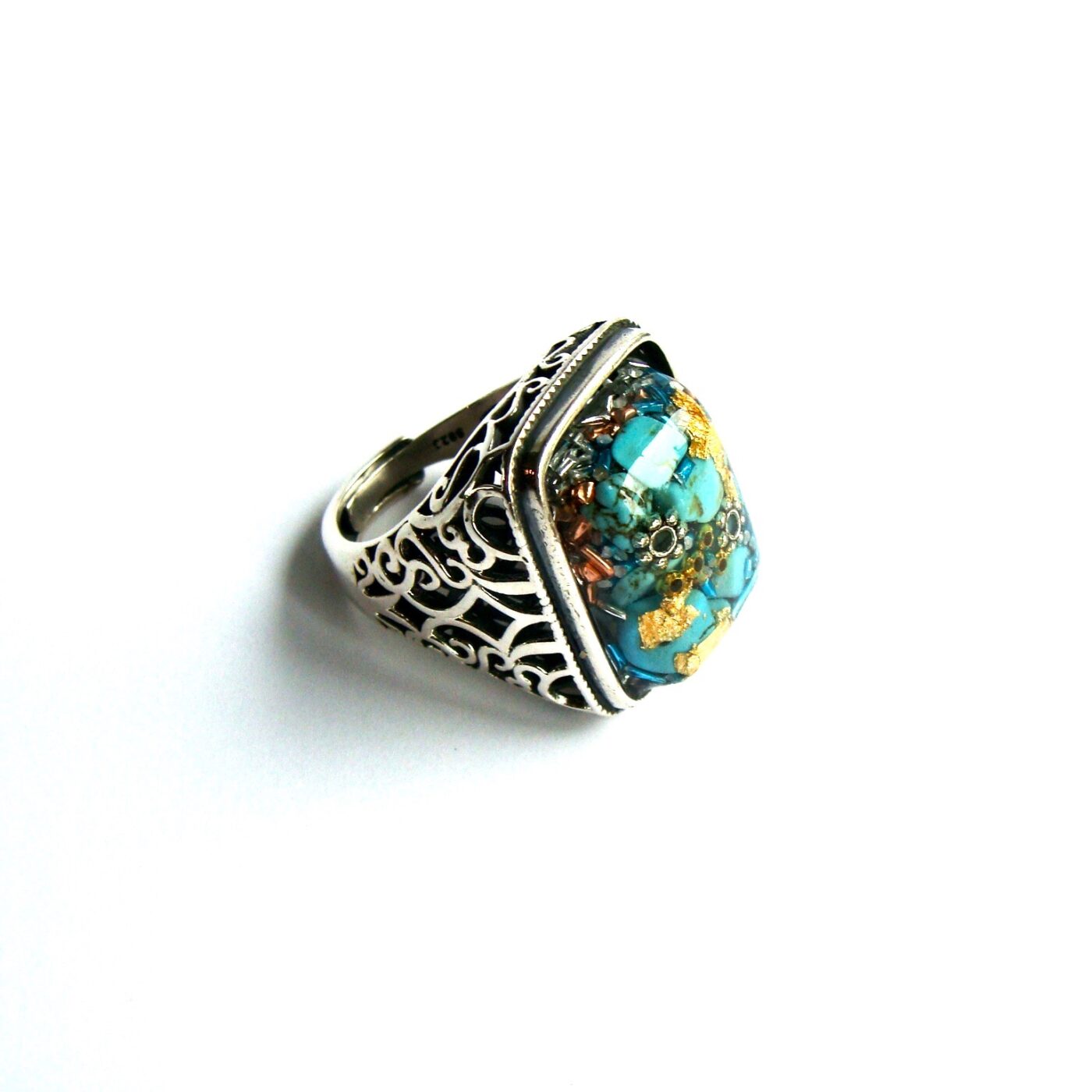 Bague orgonite homme rectangle turquoise argent 925