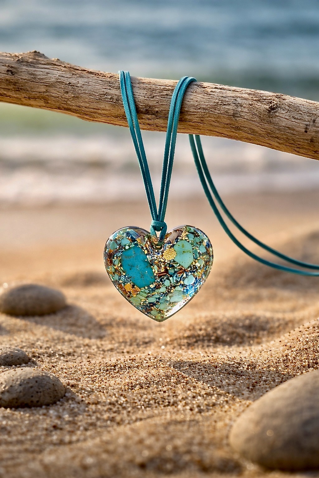 Pendentif orgonite galet coeur turquoise – Image 2
