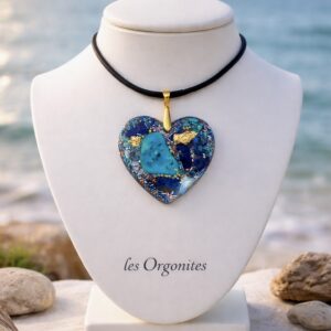 Pendentif orgonite galet coeur lapis lazuli turquoise