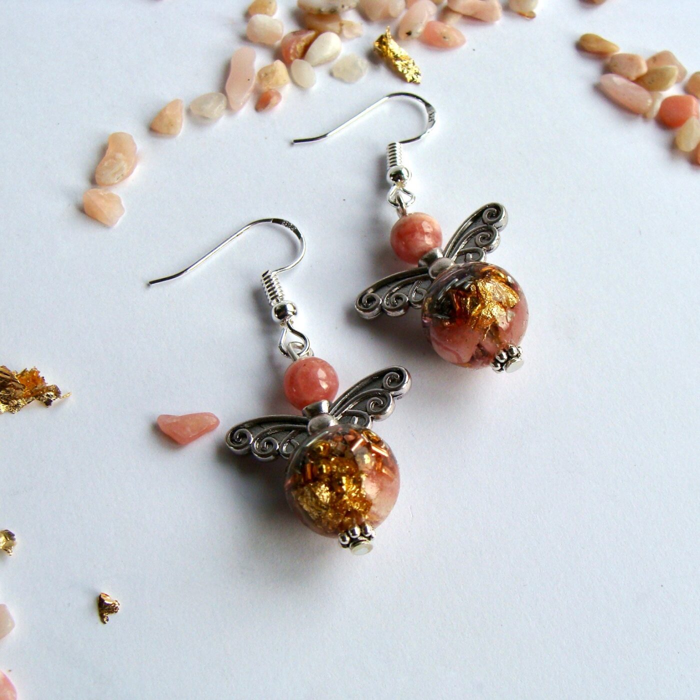 Boucles d'oreilles orgonite sphère rhodocrosite ange