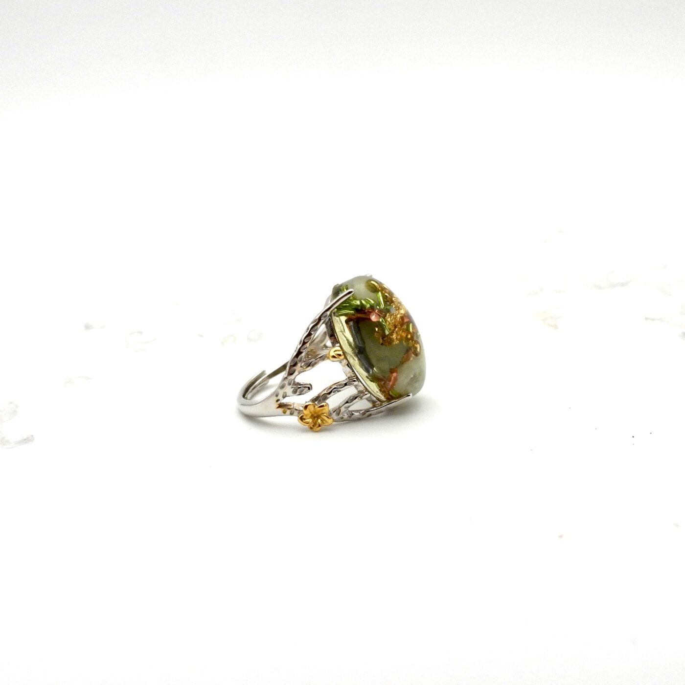 Bague orgonite jade or argent