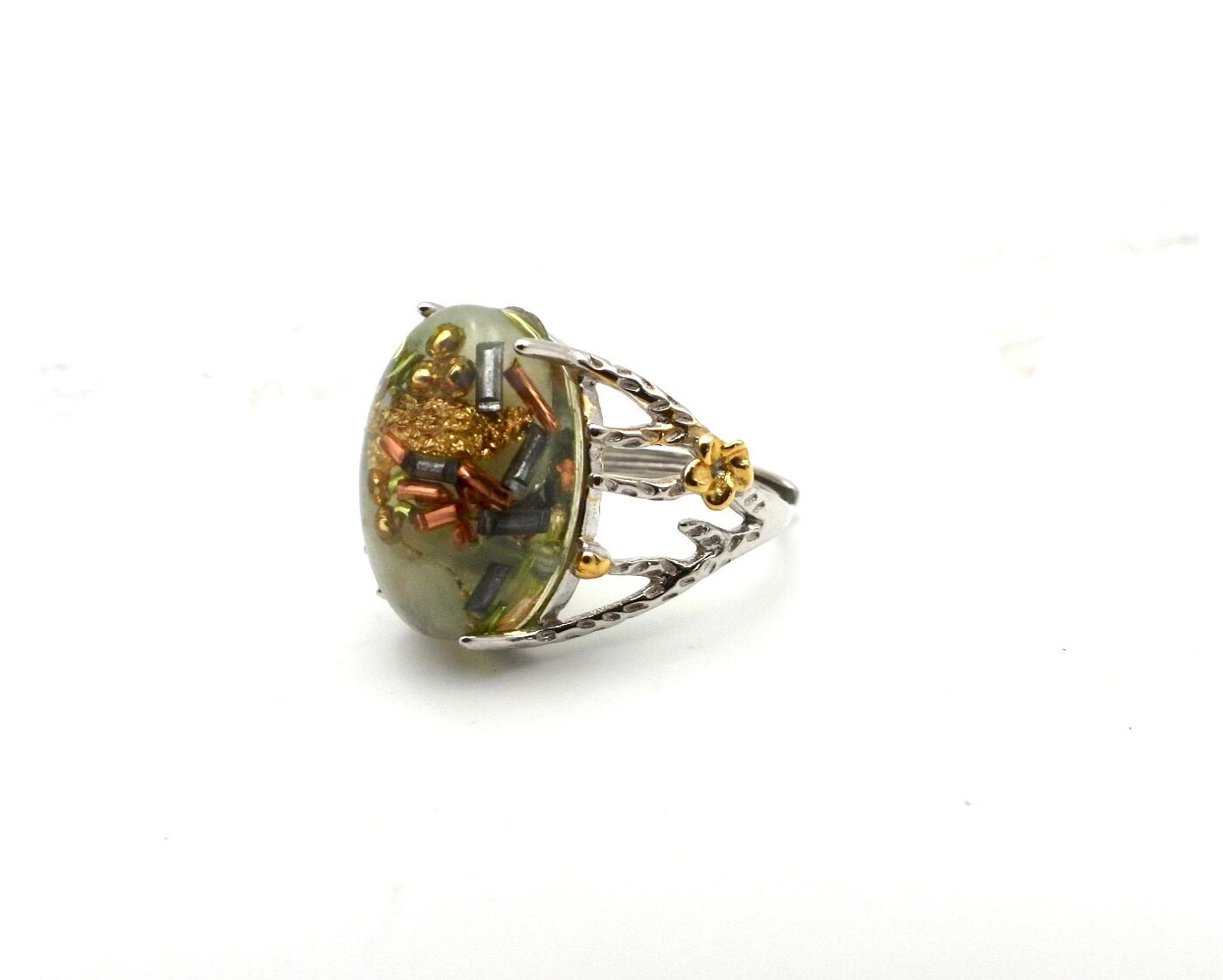 Bague orgonite jade or argent