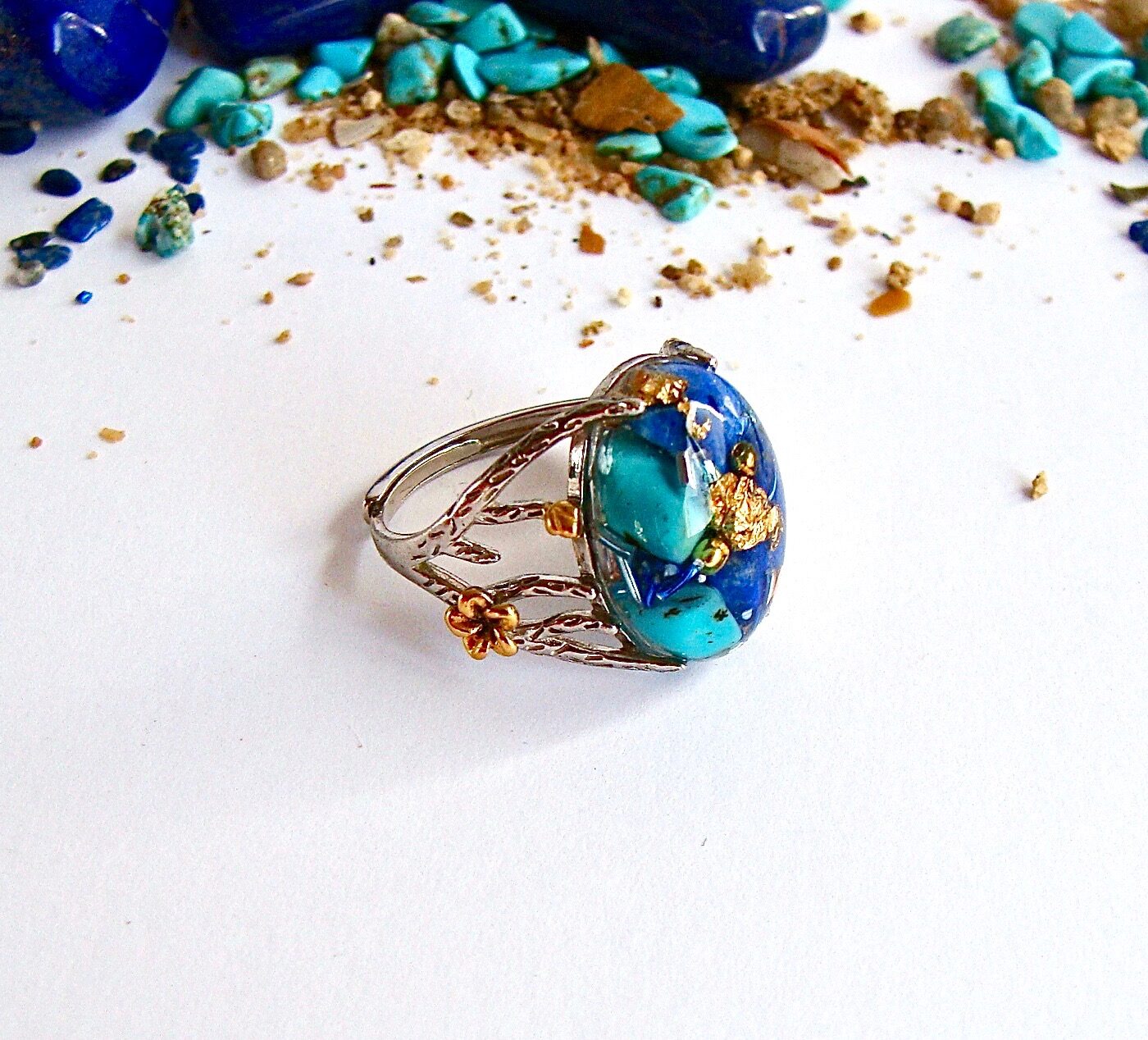 Bague lapis turquoise or argent