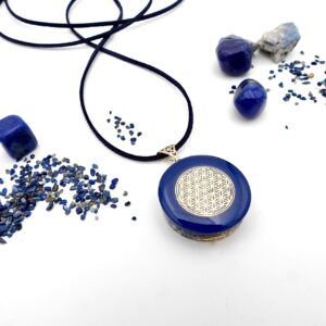 Pendentif orgonite rond fleur de vie réversible lapis lazuli