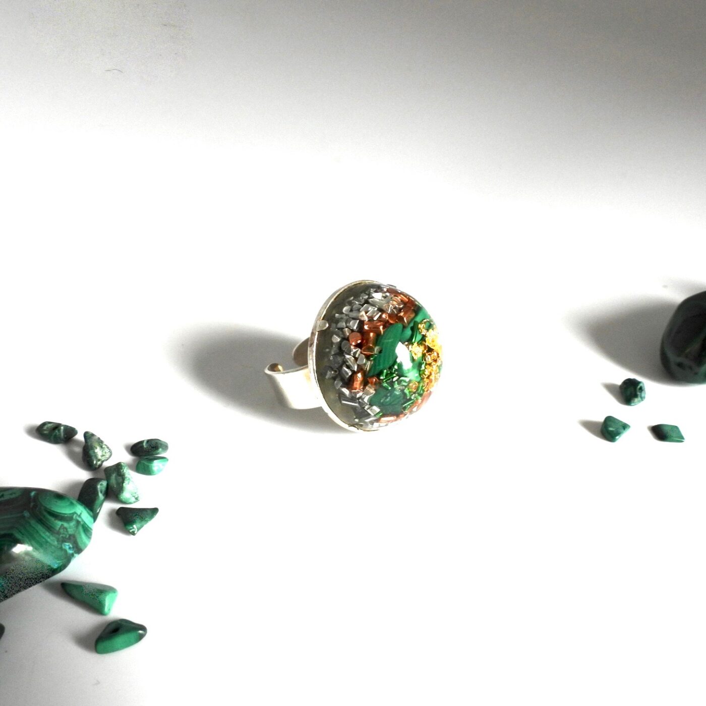 Bague orgonite ronde malachite