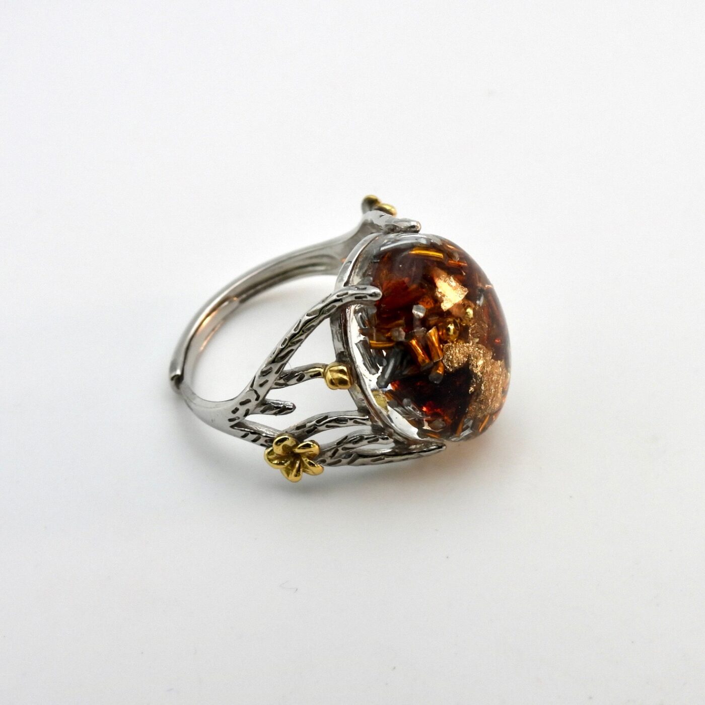 Bague orgonite ambre or argent
