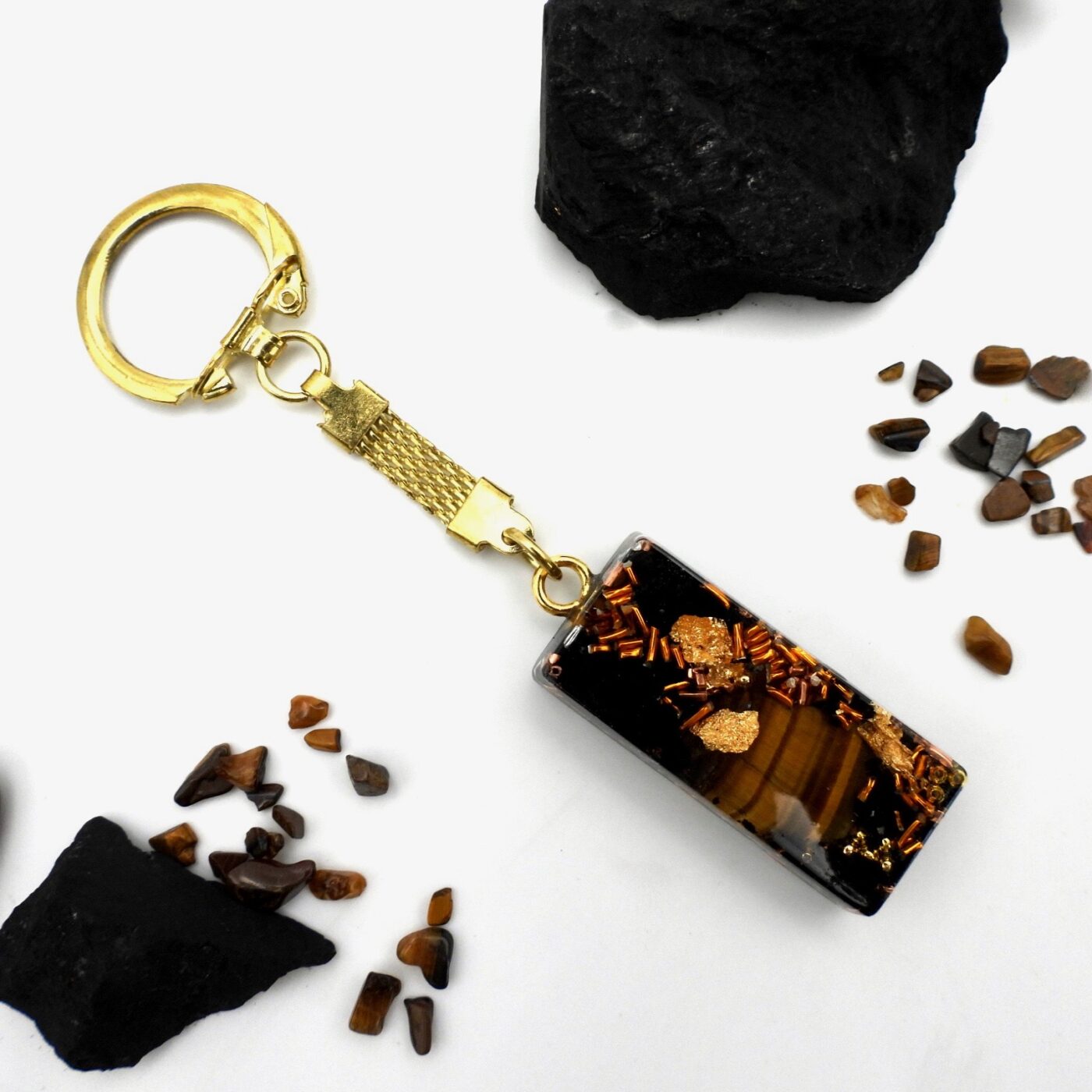Porte clefs orgonite rectangle shungite oeil de tigre
