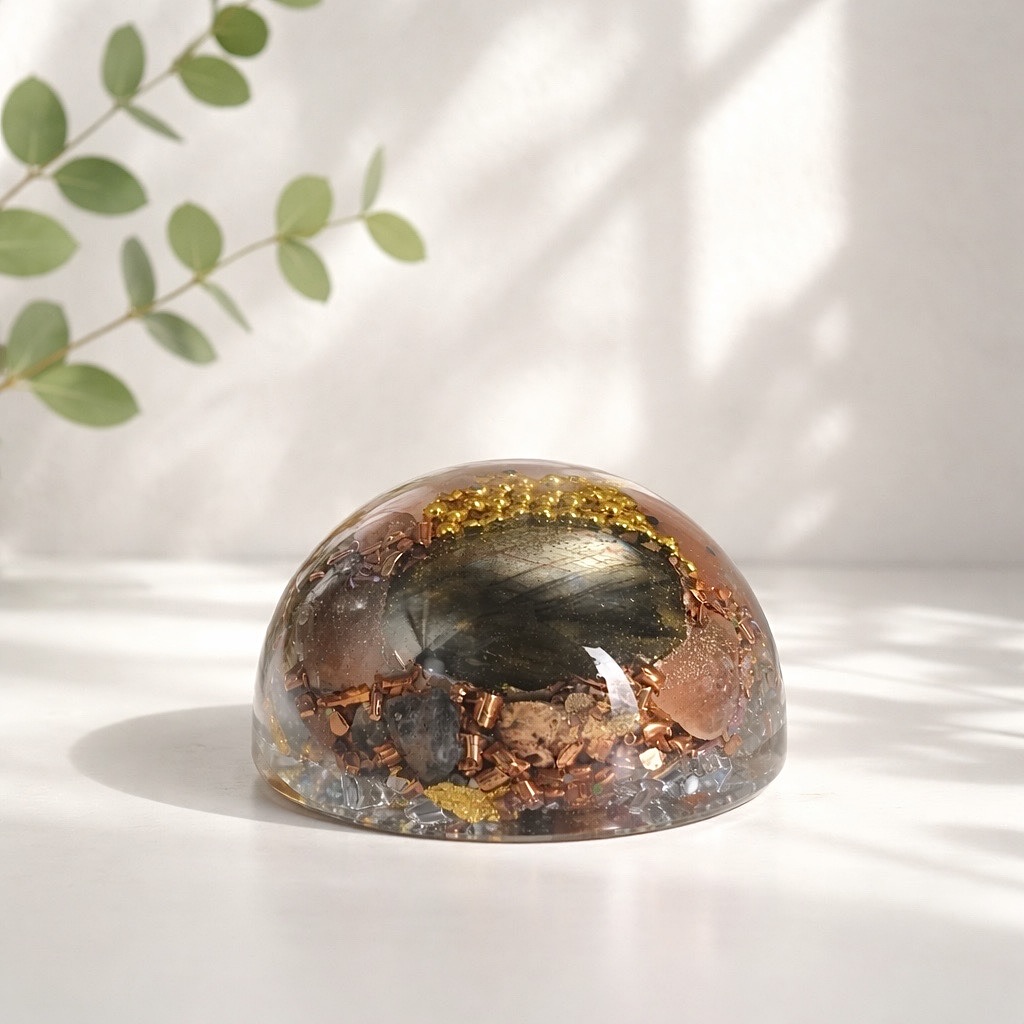 Orgonite demi sphère quartz rose et labradorite