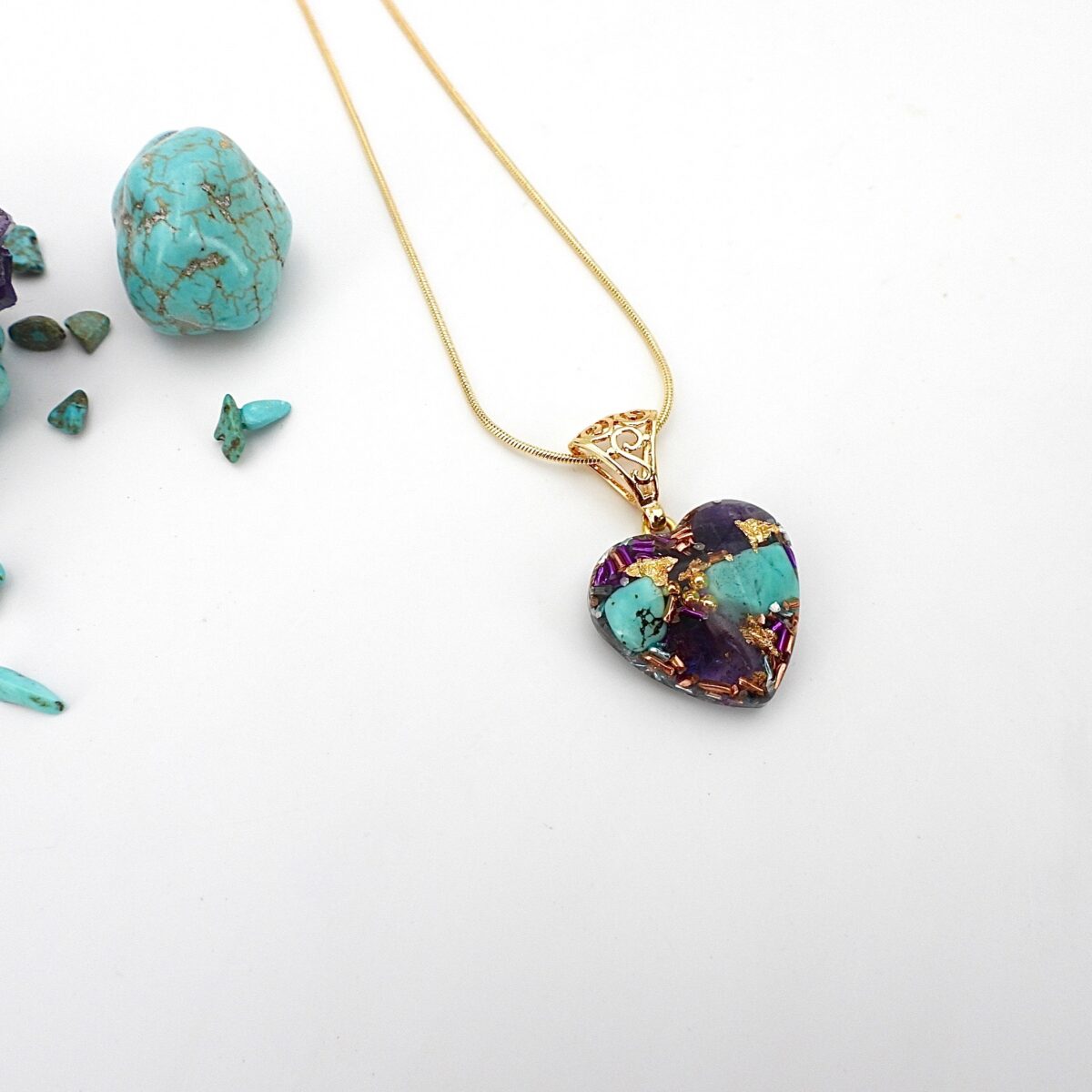 Pendentif orgonite turquoise améthyste coeur new