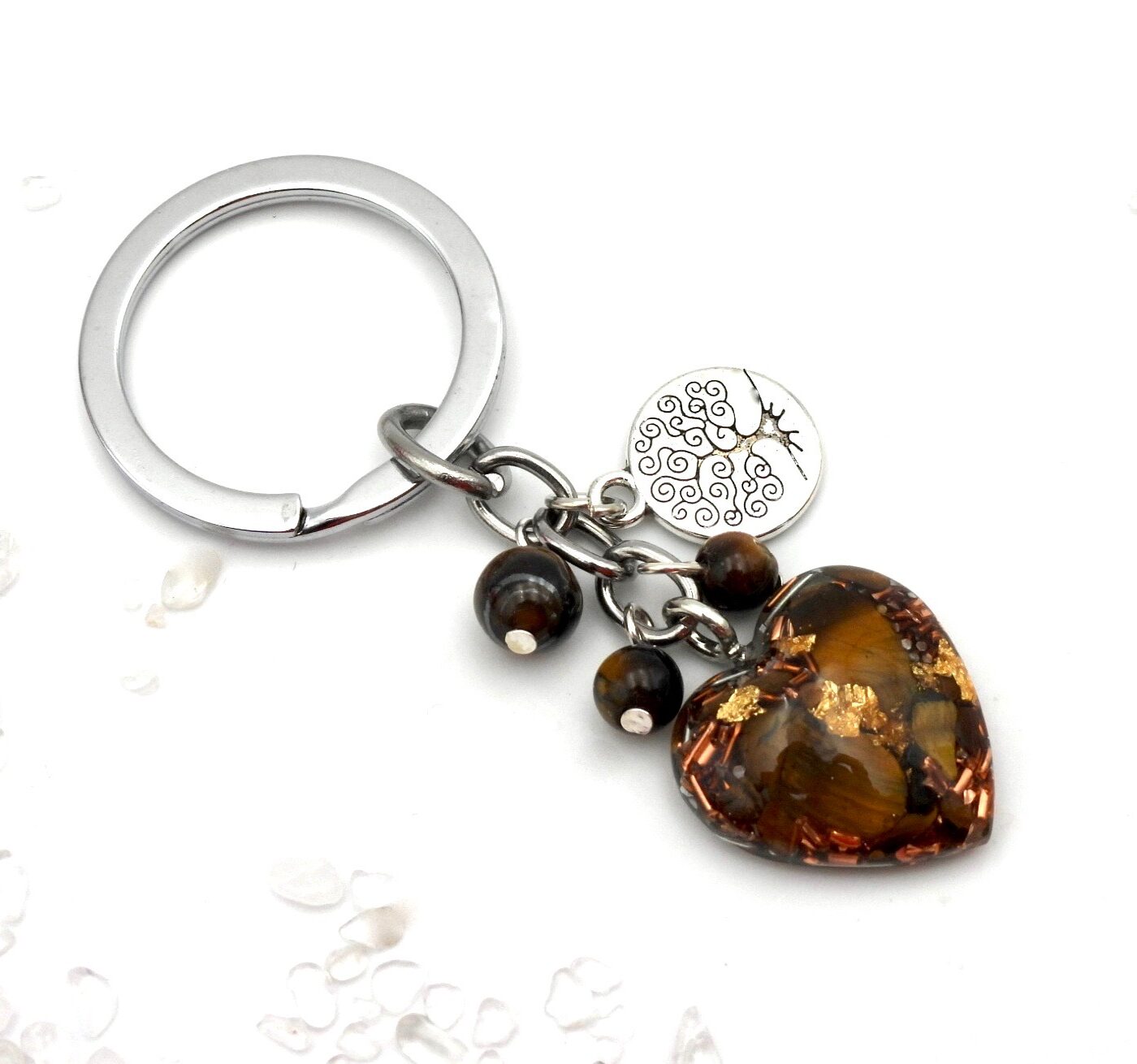 Porte clefs orgonite coeur arbre de vie oeil de tigre
