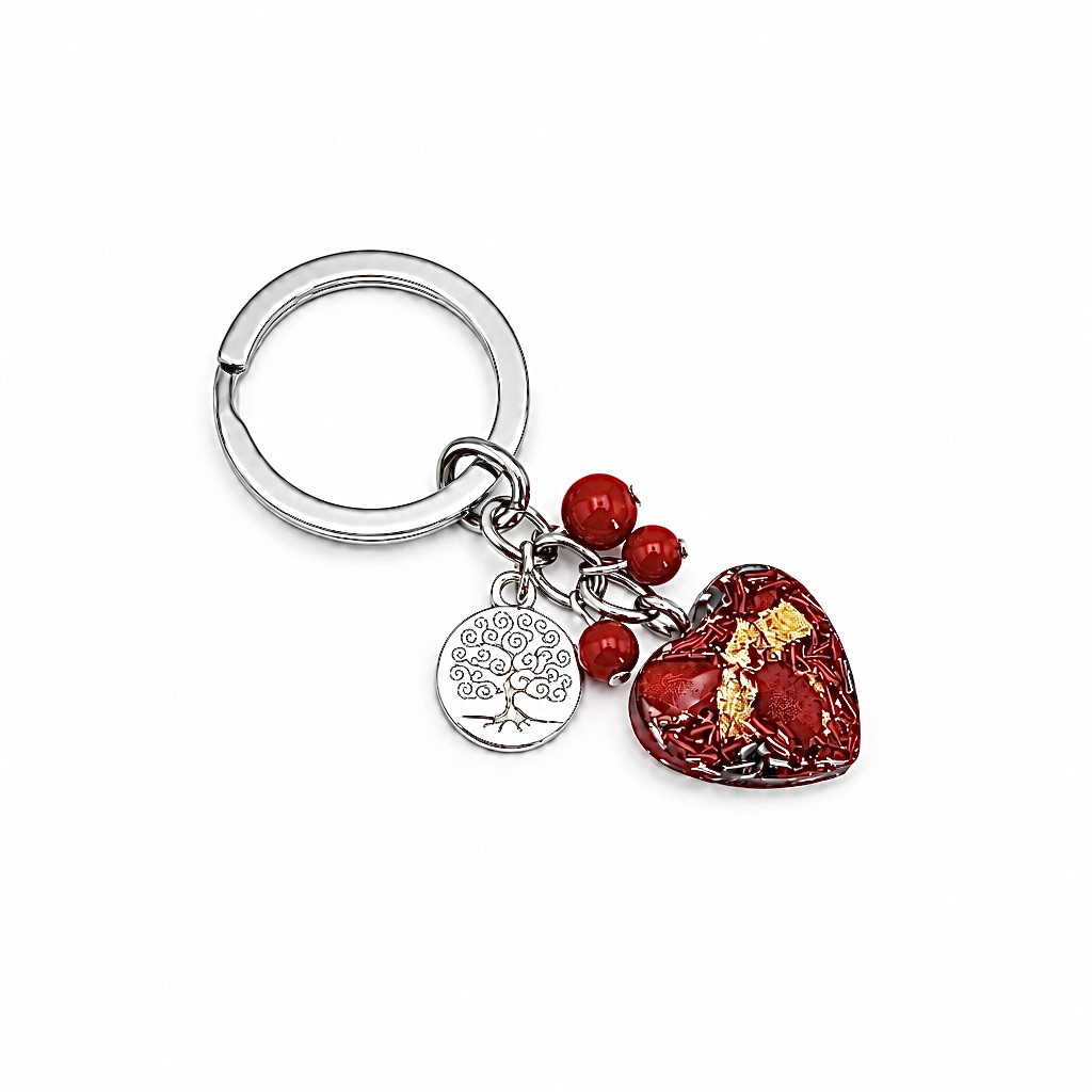 Porte clefs orgonite coeur arbre de vie corail