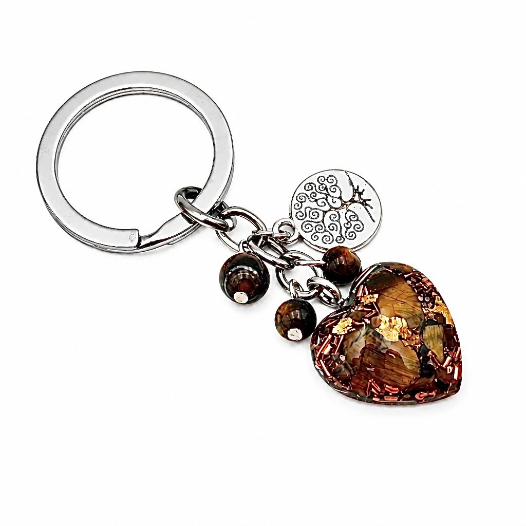 Porte clefs orgonite coeur arbre de vie oeil de tigre
