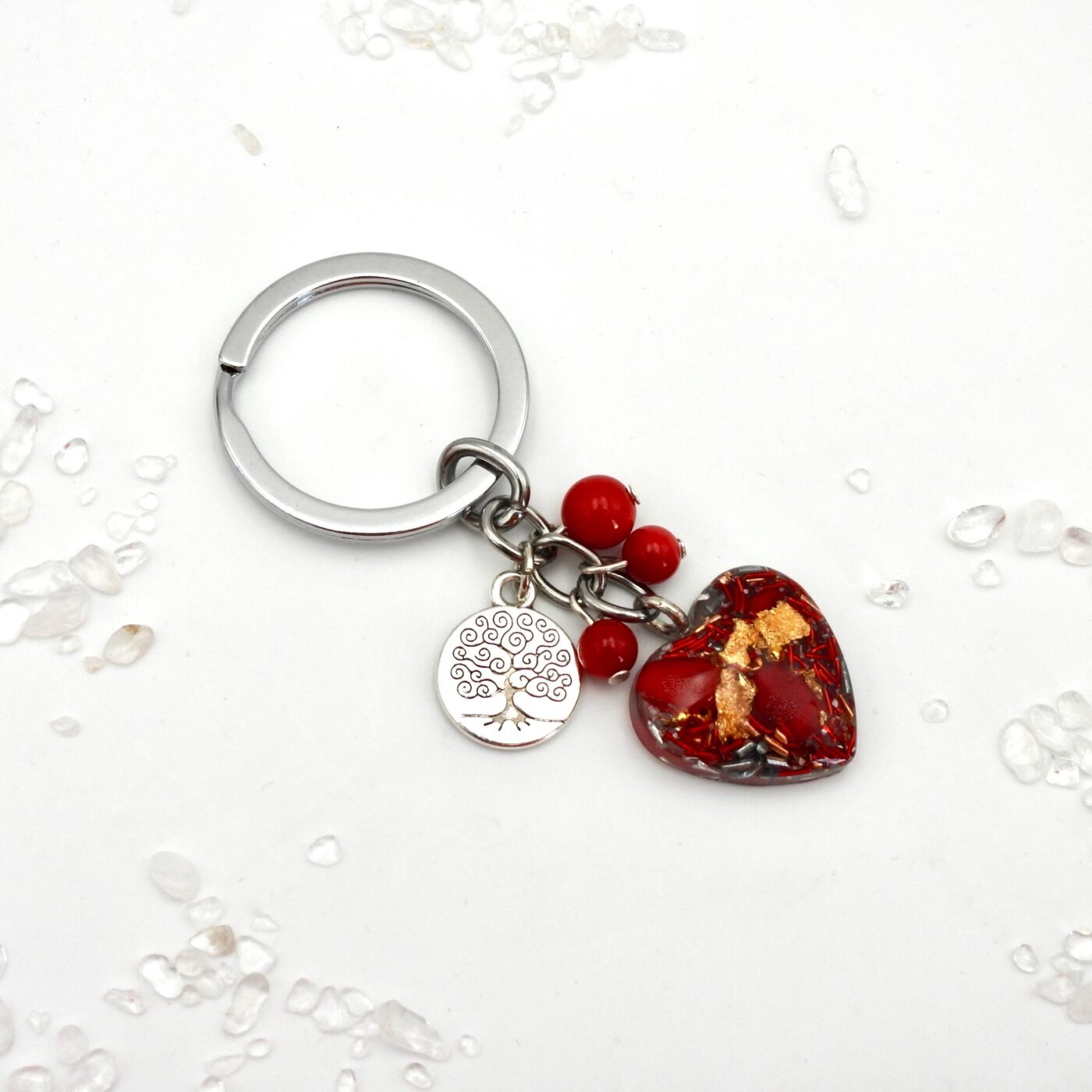 Porte clefs orgonite coeur arbre de vie corail