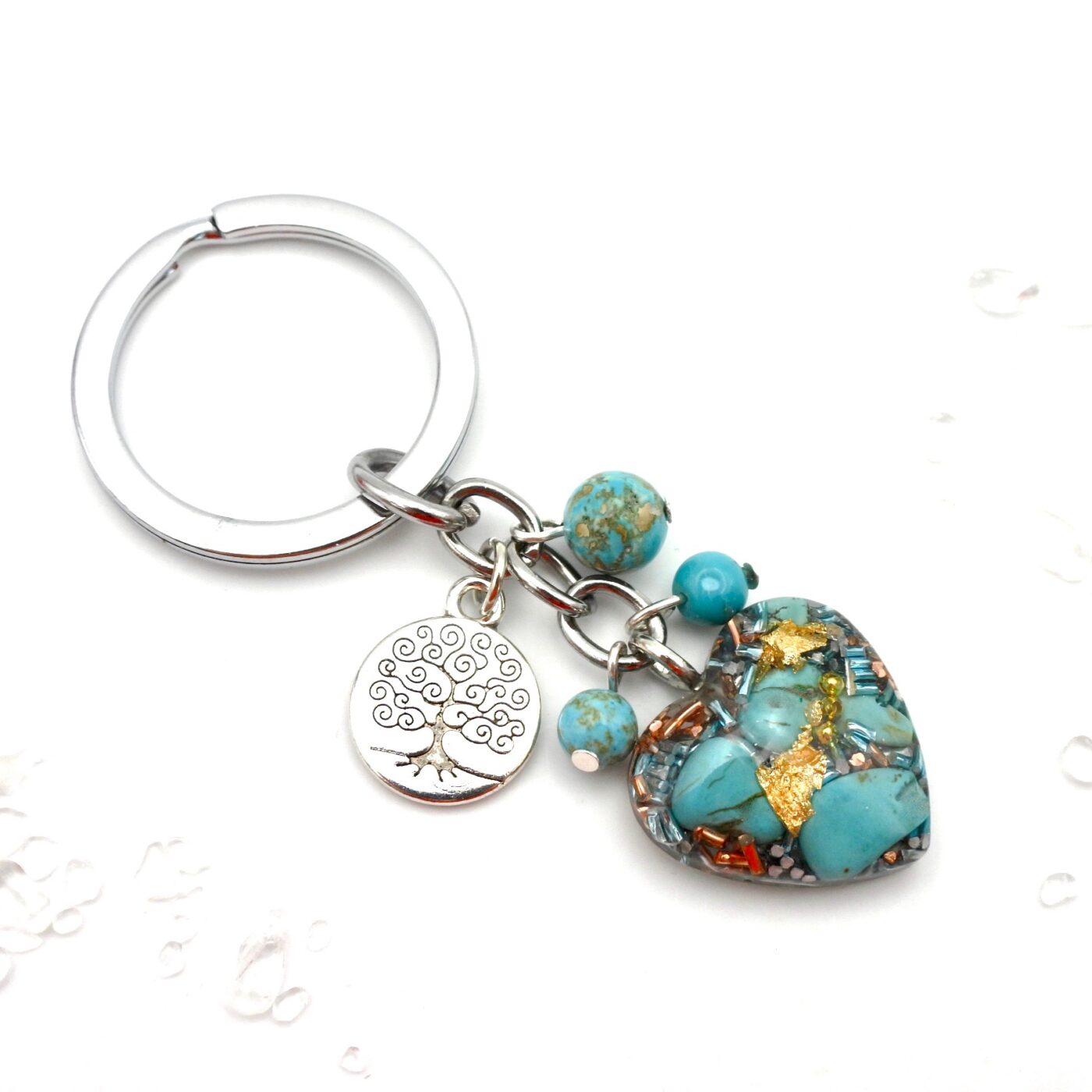 Porte clefs orgonite coeur arbre de vie turquoise