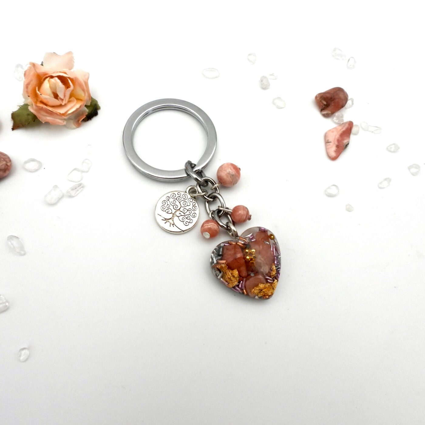 Porte clefs orgonite coeur arbre de vie rhodocrosite