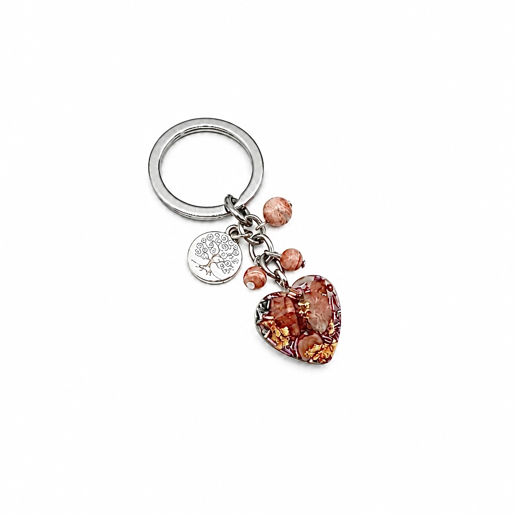 Porte clefs orgonite coeur arbre de vie rhodocrosite