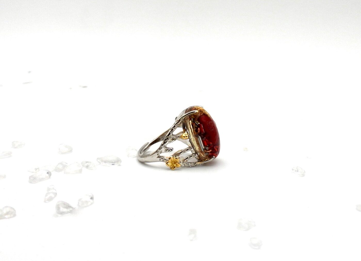 Bague orgonite corail or argent