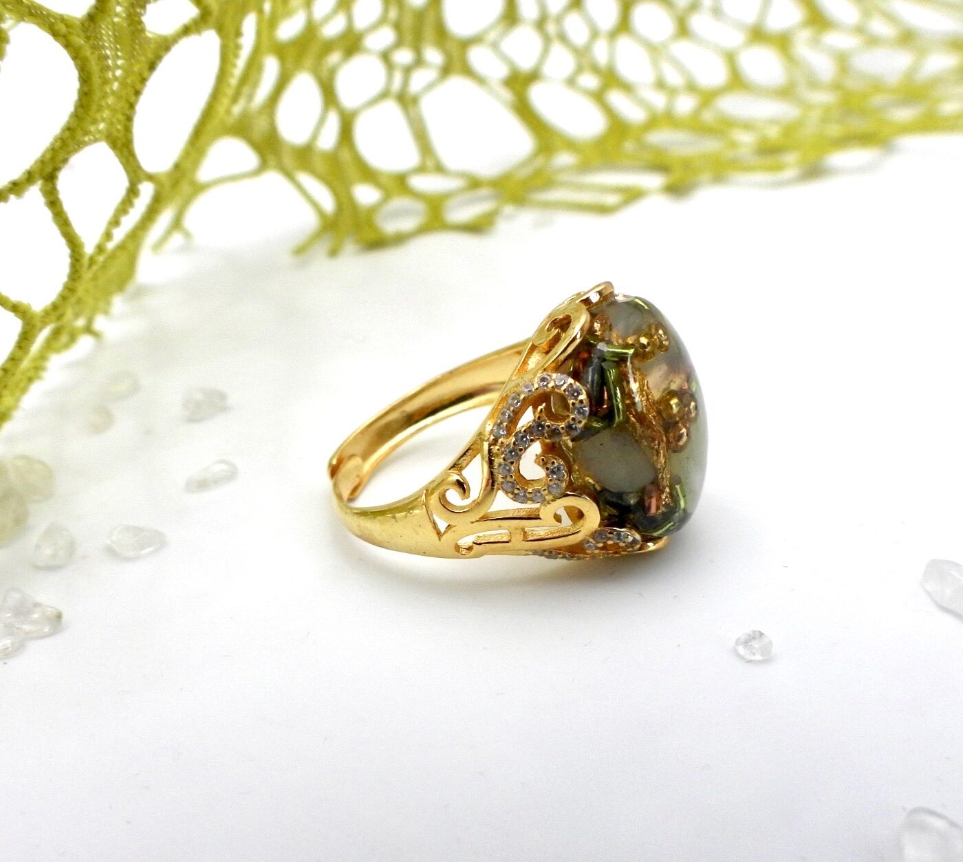 Bague orgonite jade plaqué or